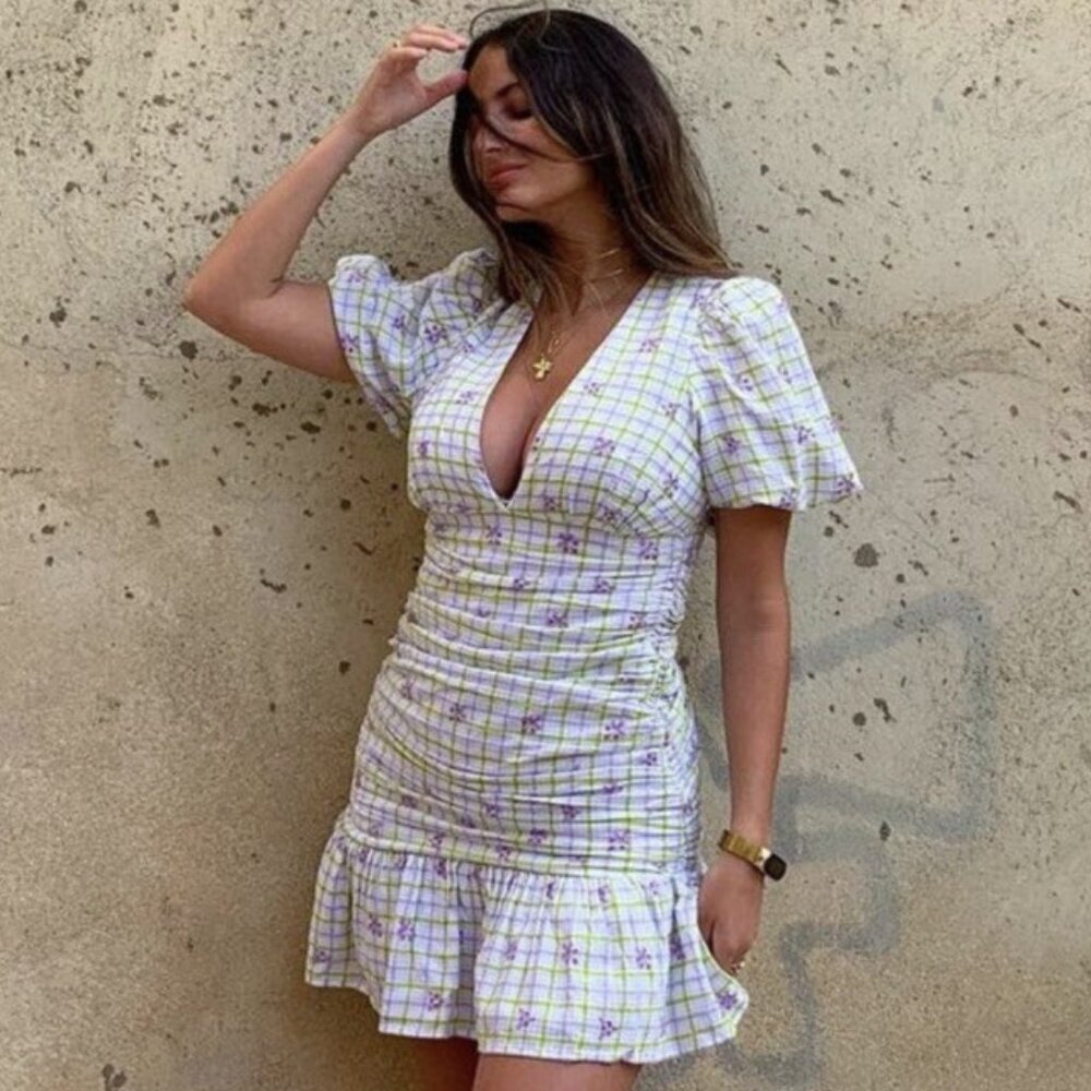 Zara Draped Checkered Mini Dress White Green Purple Size Small